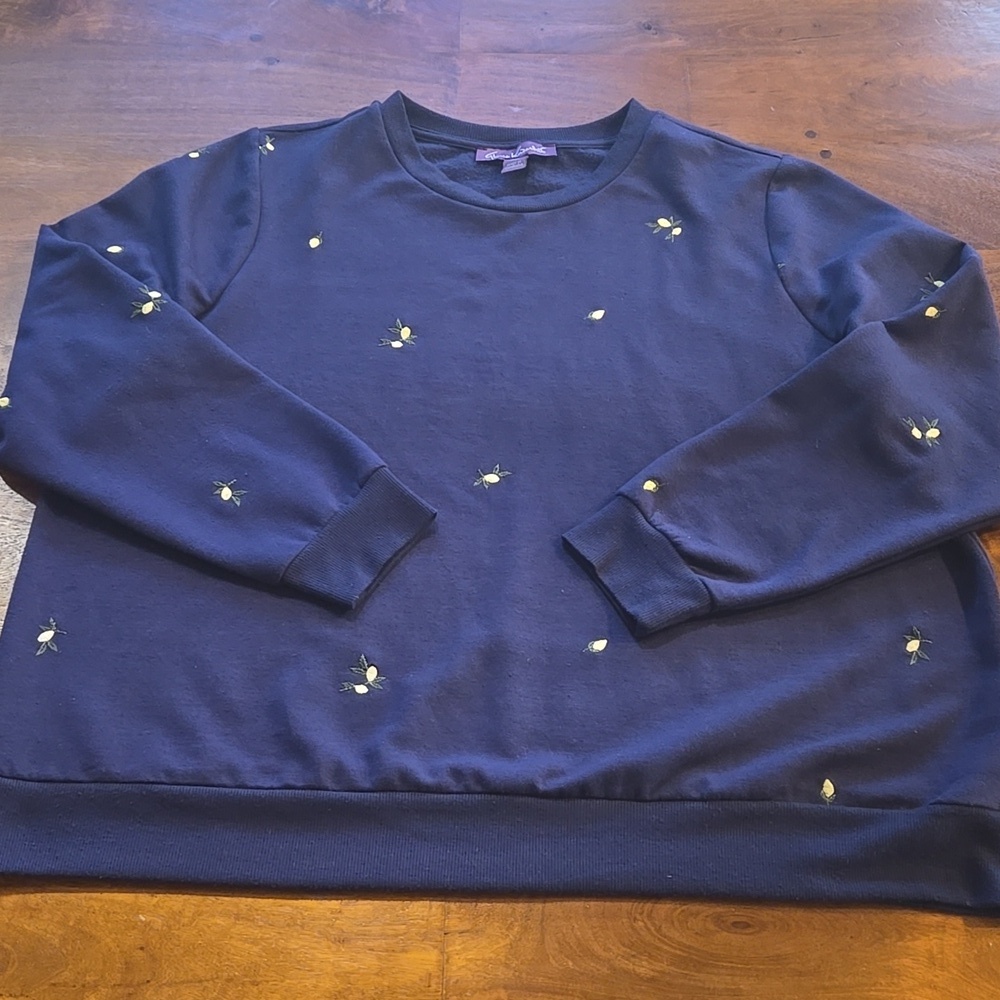 Gloria Vanderbilt Navy Blue Lemon Embroidered Crewneck Sweatshirt Size XXL